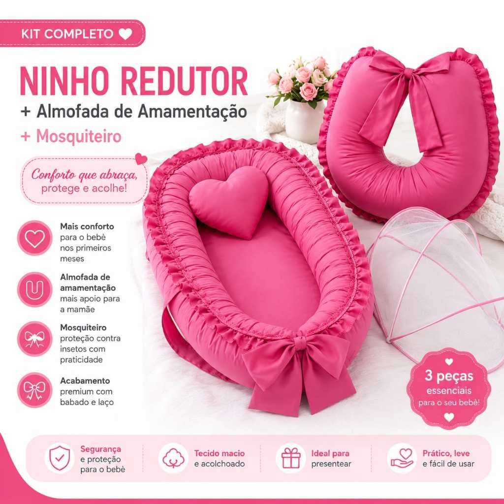 Ninho Redutor De Berço + Almofada De Amamentação + Mosquiteiro de Ninho Menino Menina