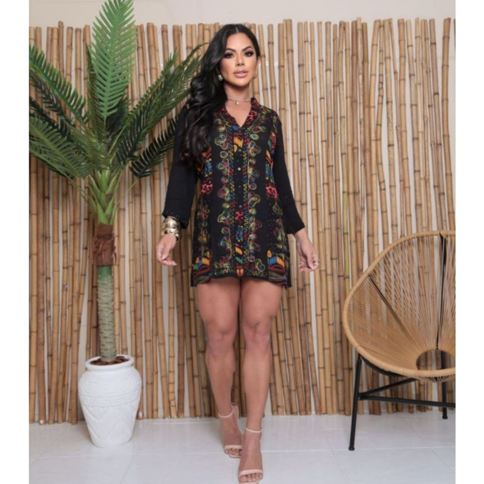 Bata Feminina Bordada Boho Manga Longa Soltinha Elegante Estilo Suéter Feminina