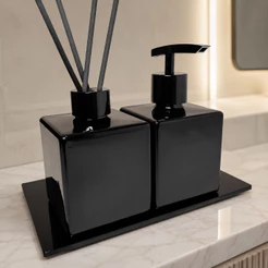 Kit Lavabo Preto Brilhante Difusor e Sabonete C/ Bandeja para Banheiro