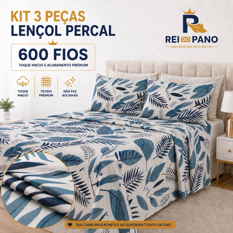 Kit Lençol 3Pçs Percal 600 Fios Casal Queen Linha Premium Luxo
