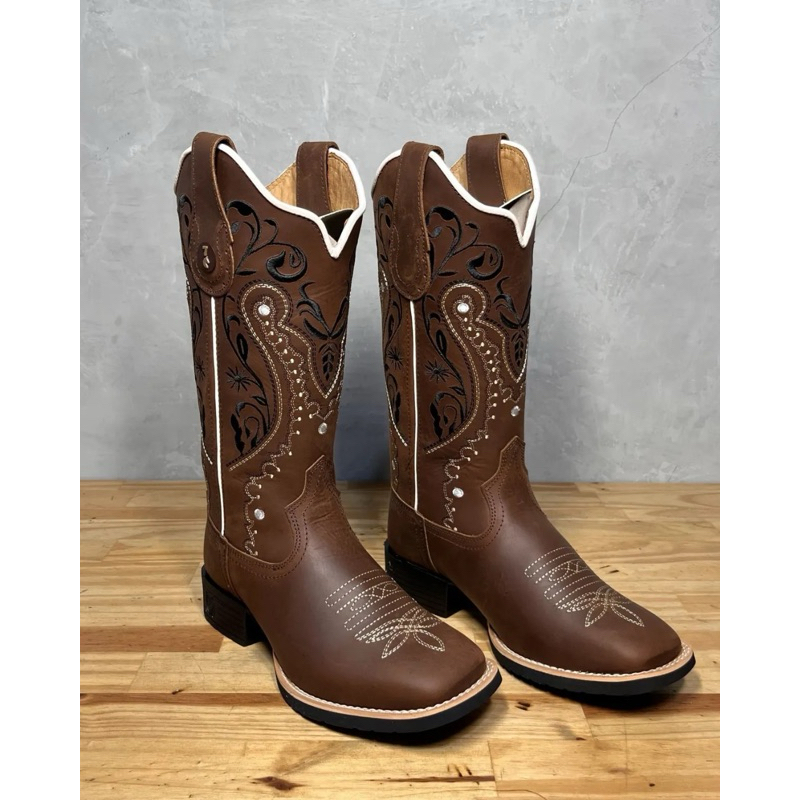 BOTA TEXANA COURO LEGÍTIMO BORDADO MEIA FLORÊNCIA SOLADO PRETO