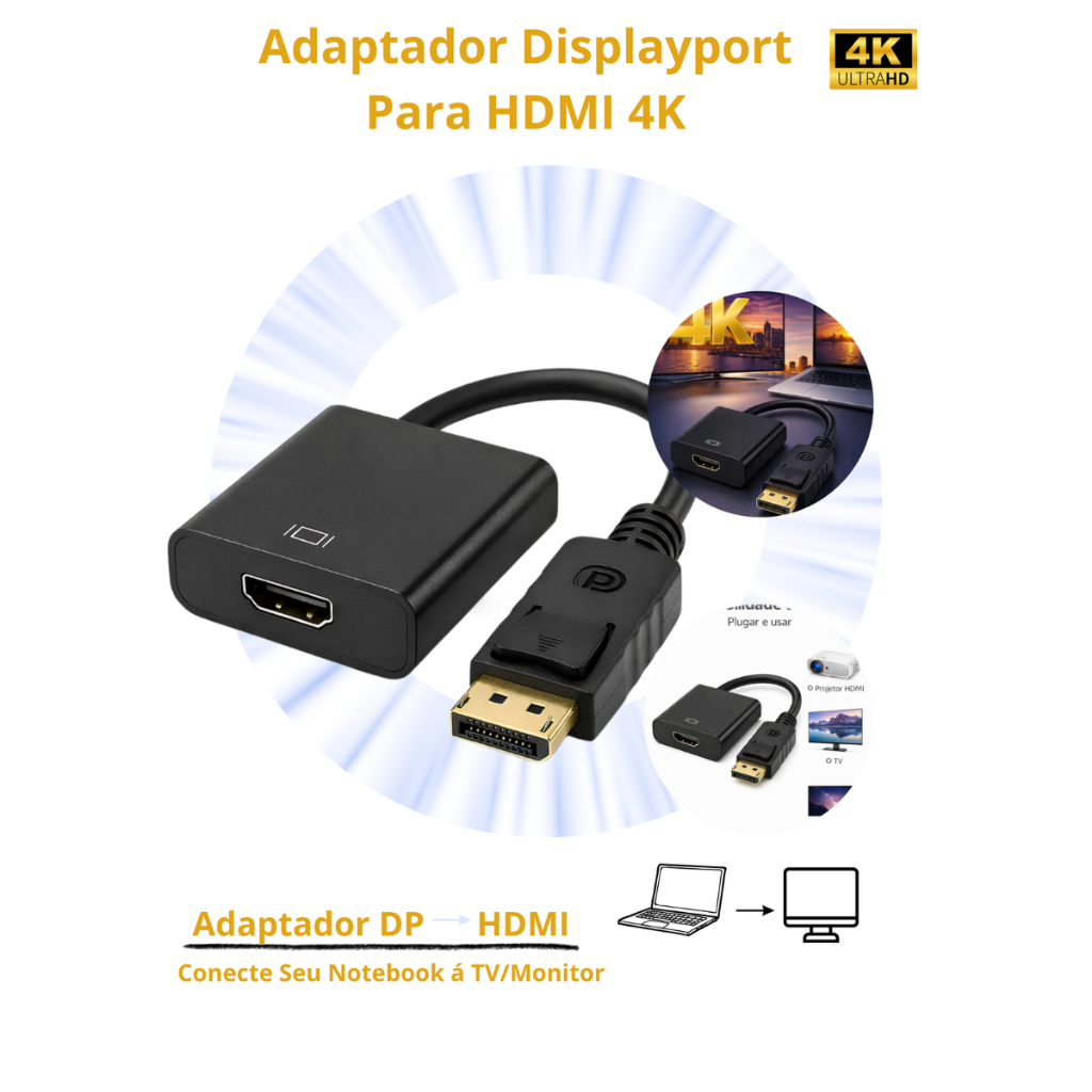 Cabo Adaptador Displayport Macho Para Hdmi Femea Plug & Play Com Pc Gamer Home Office Monitor Tv Projetor