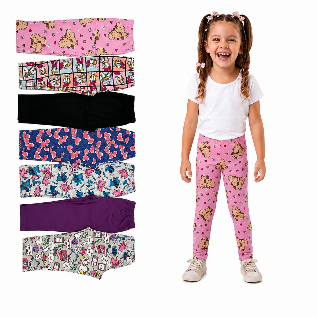 Kit 5 ou 3 Calças Legging Infantil Feminina Sortida Estampada e Liso Cotton para Menina