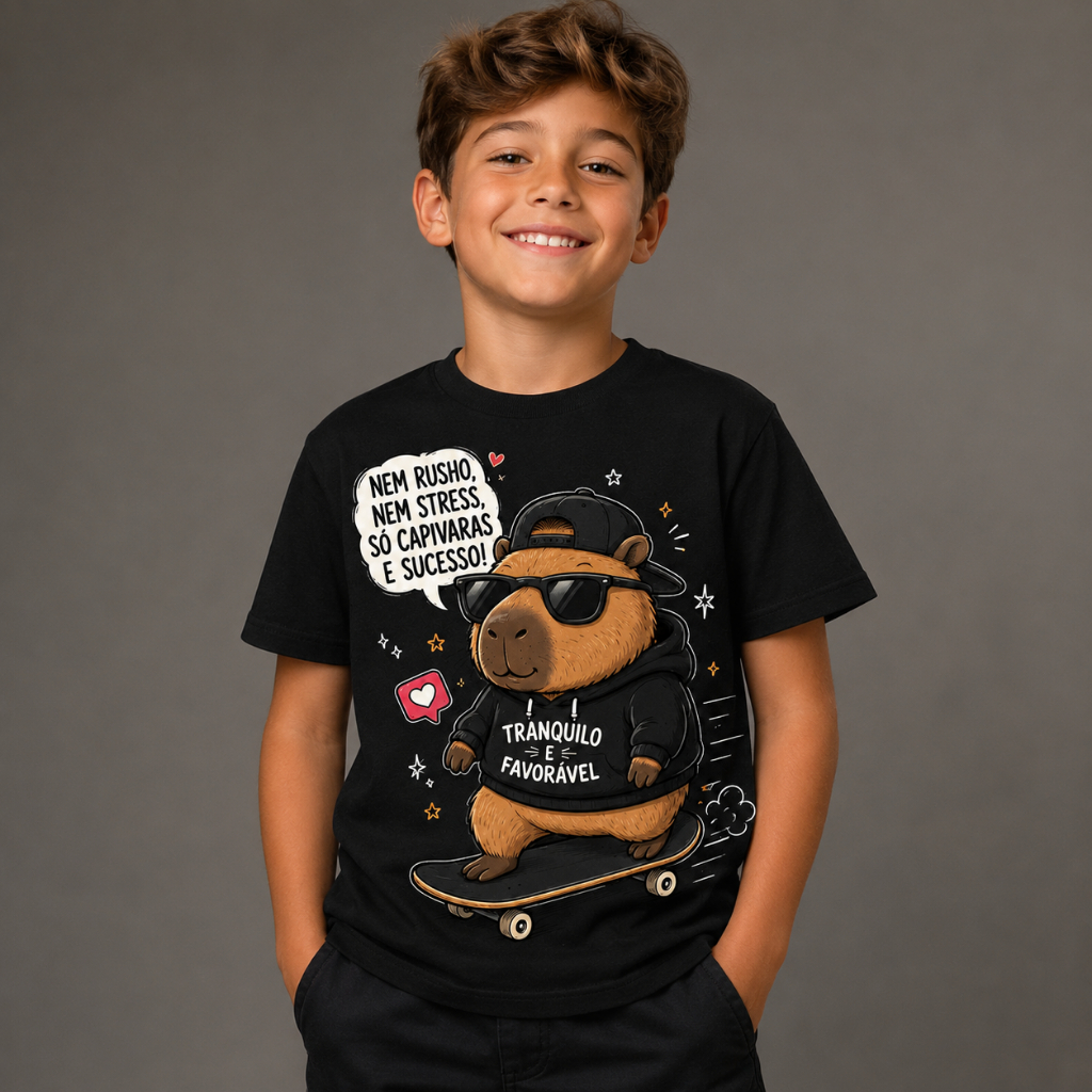 Camiseta T-Shirt Unissex Capivara Divertida Skate Estampada Infantil Juvenil Algodão Várias Cores