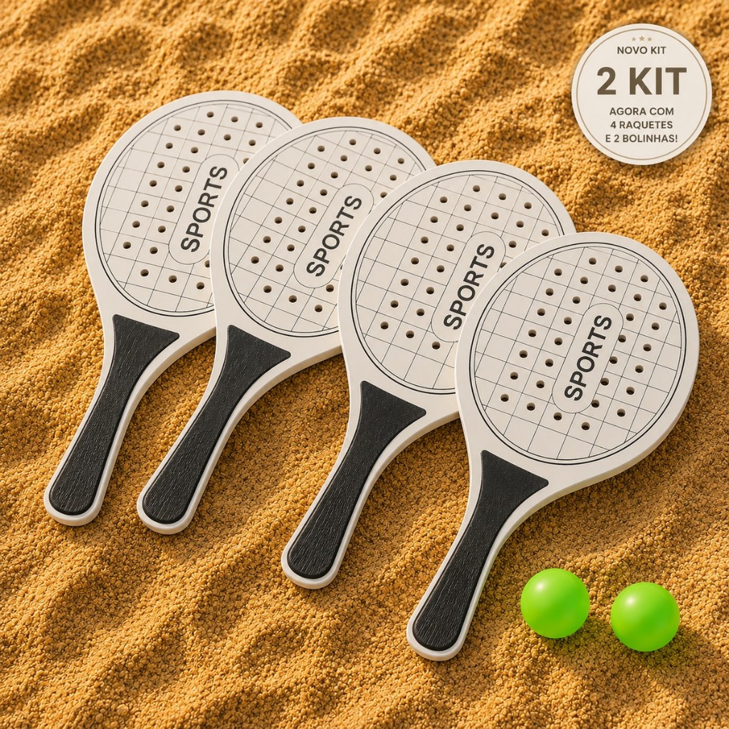 Kit Jogo Frescobol 4 Raquetes + 2 Bolas Tênis Praia Esporte Atividade Parque