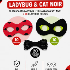 Kit 20 Máscaras Infantil EVA Ladybug e Gato Noir + 20 Elásticos Pretos