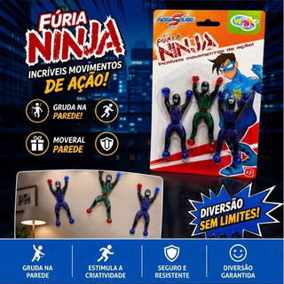 Kit Fúria Ninja 3 Bonecos com Ventosa Gruda na Parede Brinquedo Infantil +3 Anos