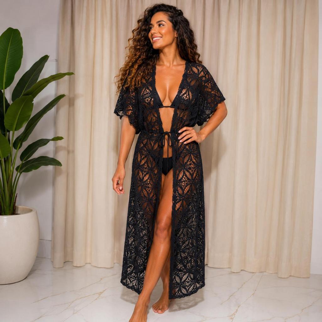 Saída de Praia Longa Feminina em Renda – Kimono Aberto com Amarração na Cintura