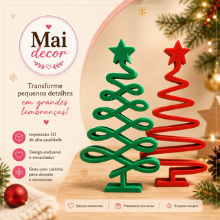 Árvore de Natal Decorativa 3D 15cm | Enfeite Natalino Minimalista | Verde e Vermelha |