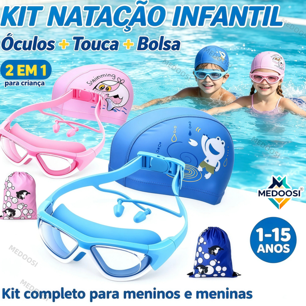MEDOOSI Kit Natação Infantil Antiembaçante UV | Óculos Proteção UV + Touca Silicone + Protetores Auriculares + Estojo