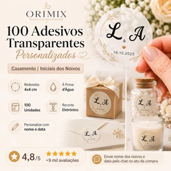 100 Adesivos Transparente Personalizado Casamento | Iniciais Noivos | À Prova D’Água |Lembrança Luxo
