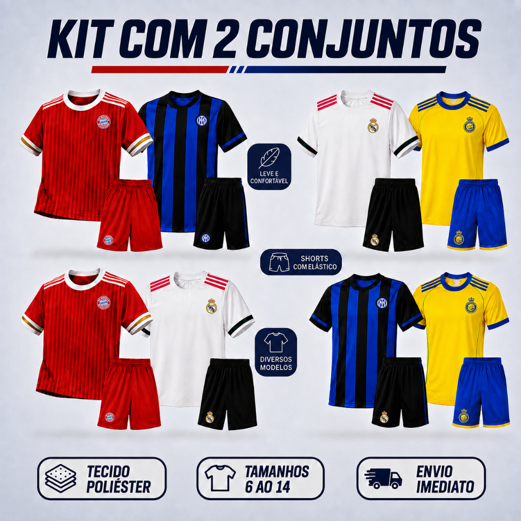 Conjunto de Futebol Infantil Kit 2 Unidades Camisa e Shorts Esportivo 6 ao 14 Envio Imediato !!!