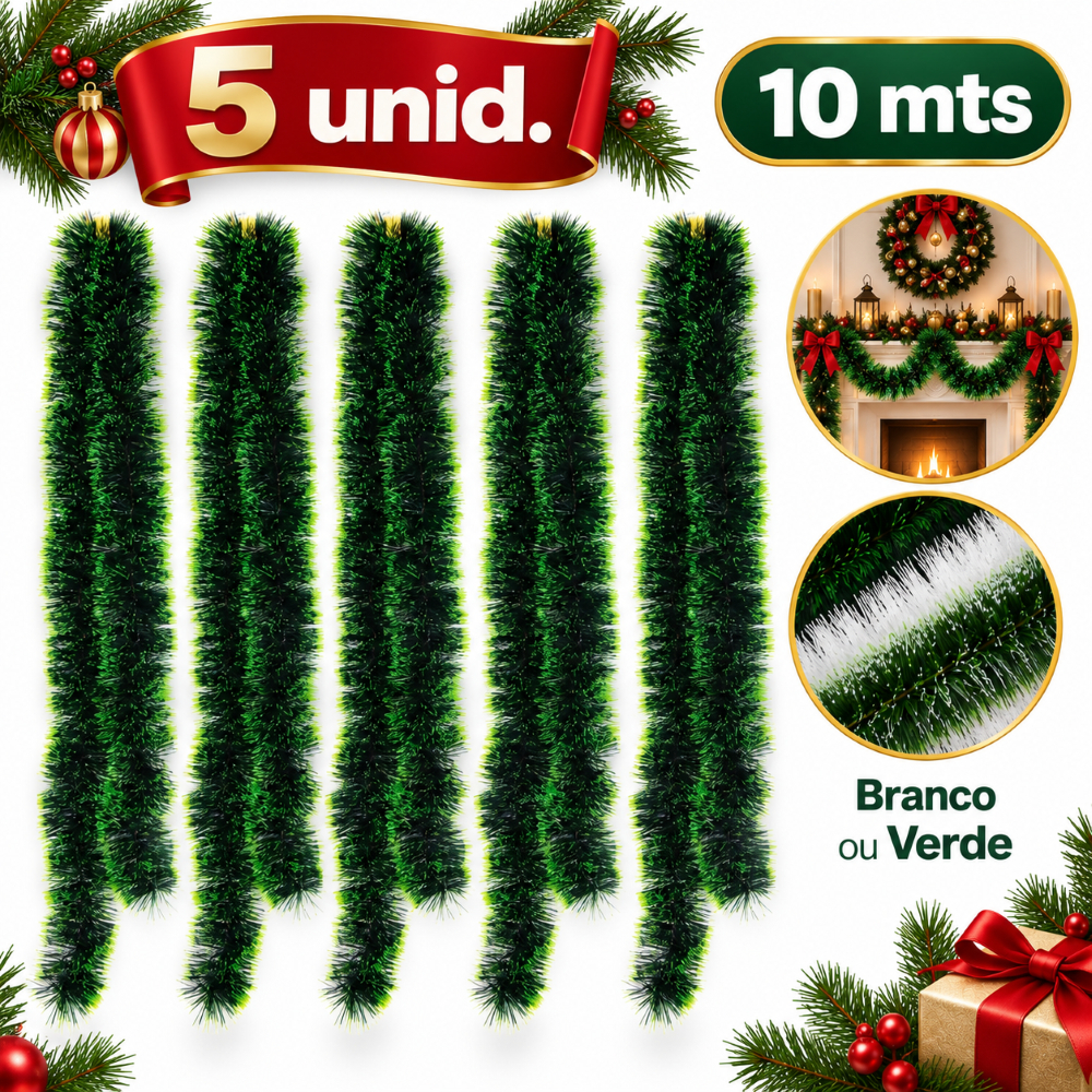 Kit 5 Festão 10 metros Verde ou Branco Enfeite De Natal Realista Cheio Decoração Árvore de Natal