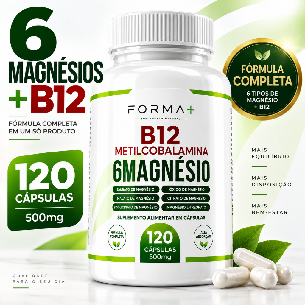 Magnésio 6 Tipos + B12 Metilcobalamina 120 Cápsulas 500mg