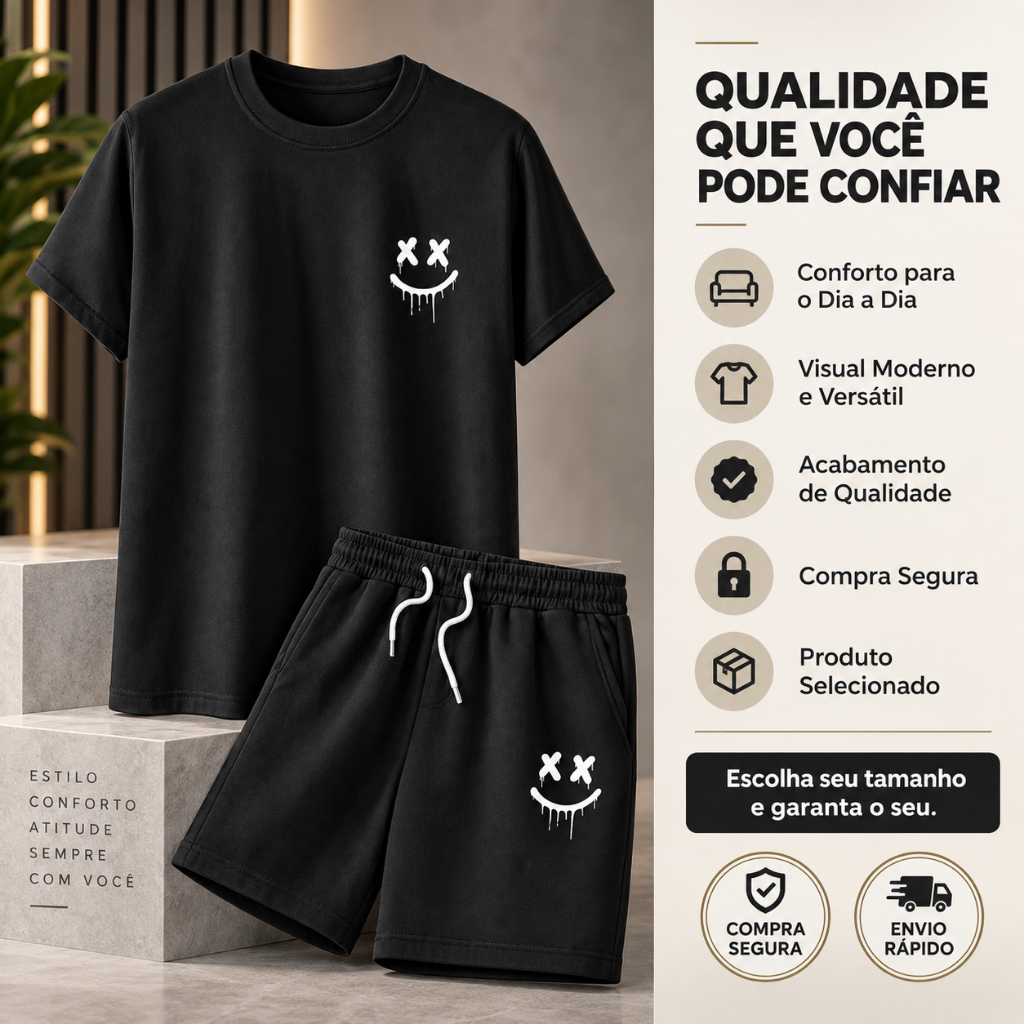Kit Conjunto Carinha Sorriso Camiseta e Bermuda Tectel de ótima Qualidade .