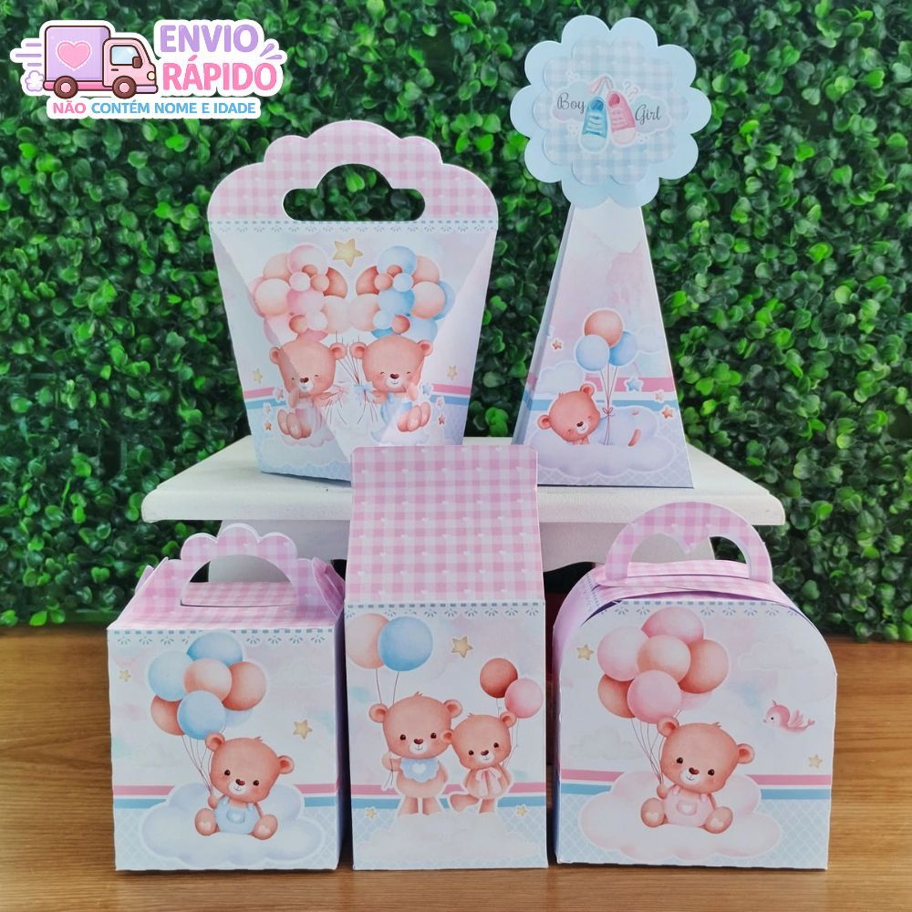 Kit Caixinhas Chá Revelação Chá de Bebê Ursinho Azul e Rosa Lembrancinhas para Festa Infantil e Aniversário