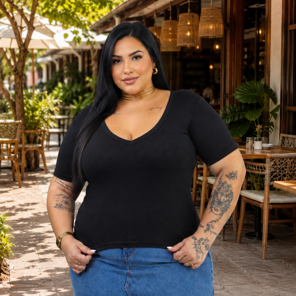 Blusa Feminina Plus Size Gola V Manga curta Básica Verão Alta Elasticidade Curve Curvy G1 G2 G3 · foto 2
