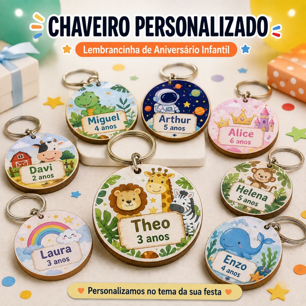 Chaveiro Personalizado Aniversário Infantil MDF 5cm Lembrancinha Festa Safari Dinossauro Princesa