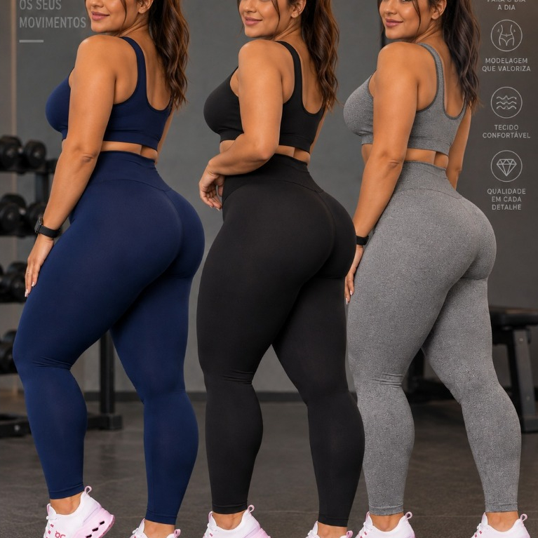 Kit 3 Calças Legging Plus Size Feminina Cintura Alta Zero Transparência Academia Confortável Fitness