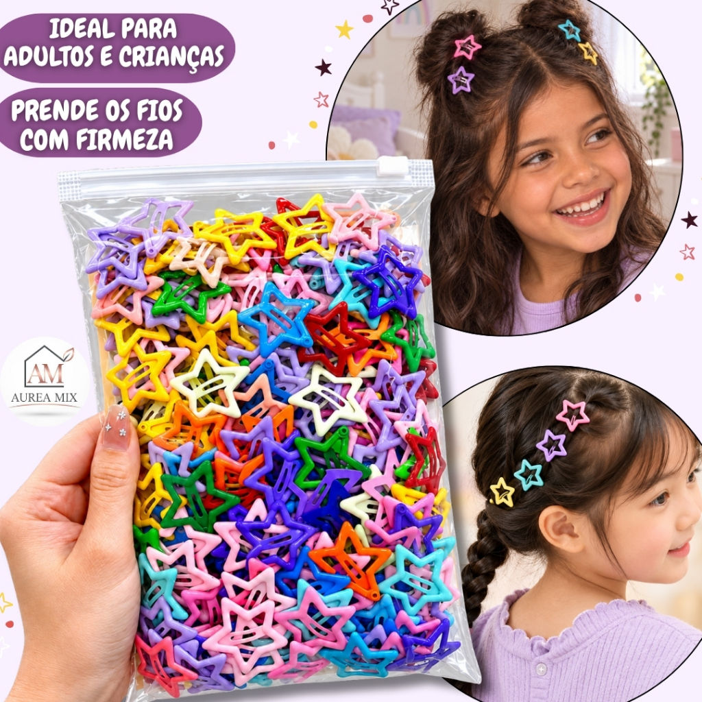 Kit 20/50 ou 100 Presilhas de Cabelo Estrela Coloridas Infantil Cores Sortidas para Meninas