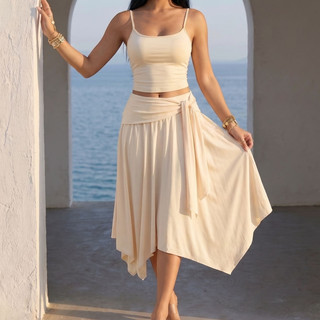 Conjunto Feminino em PoliamidaBlusa Regata Alça Fina com forro e Saia Midi com forro Assimétrica Nó Amarração