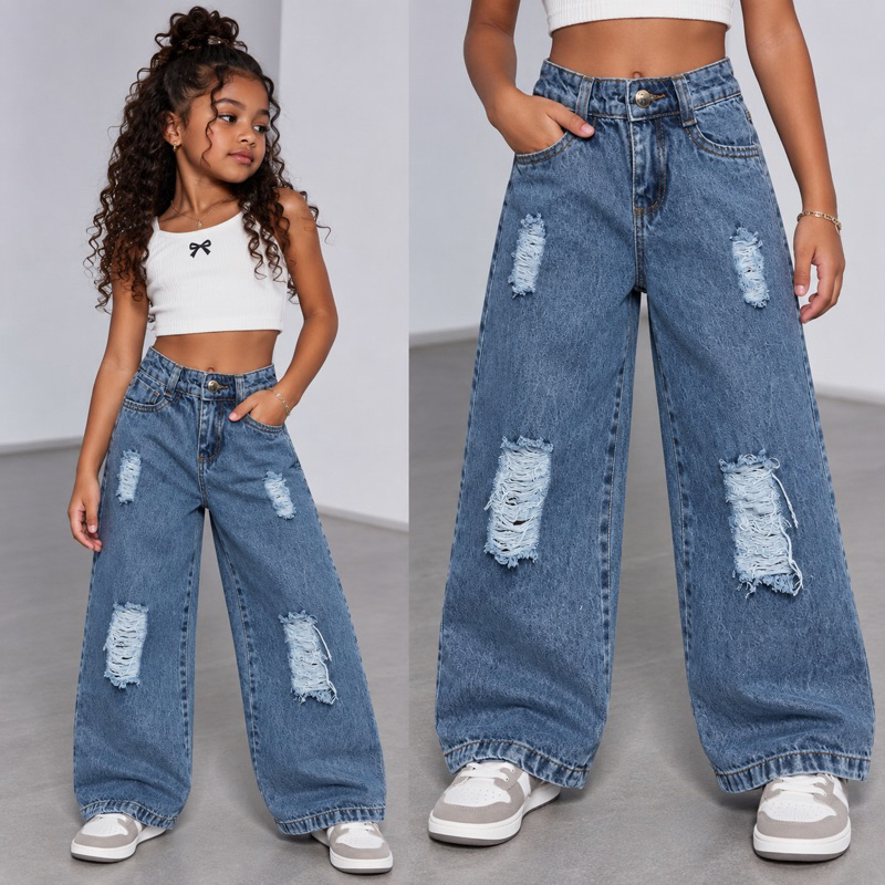 CALÇA MENINAS INFANTIL JEANS WIDE LAG RAYANY DESFIADA MENINAS