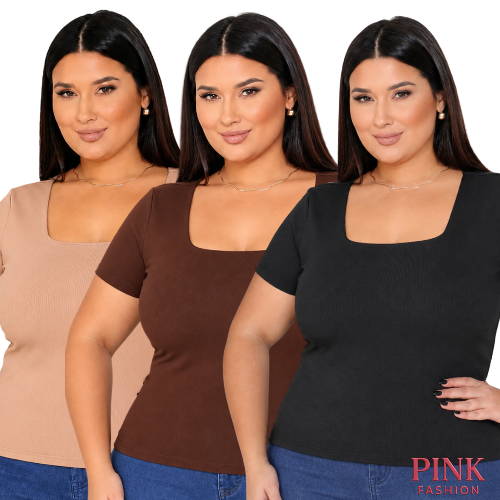 KIT 3 - Baby Look Plus Size Gola Quadrada Suplex Blogueira Tendência Verão