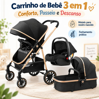 Carrinho de Bebê Luxo 3 em 1 Moisés Bebê Conforto Passeio Reversível com Amortecedor
