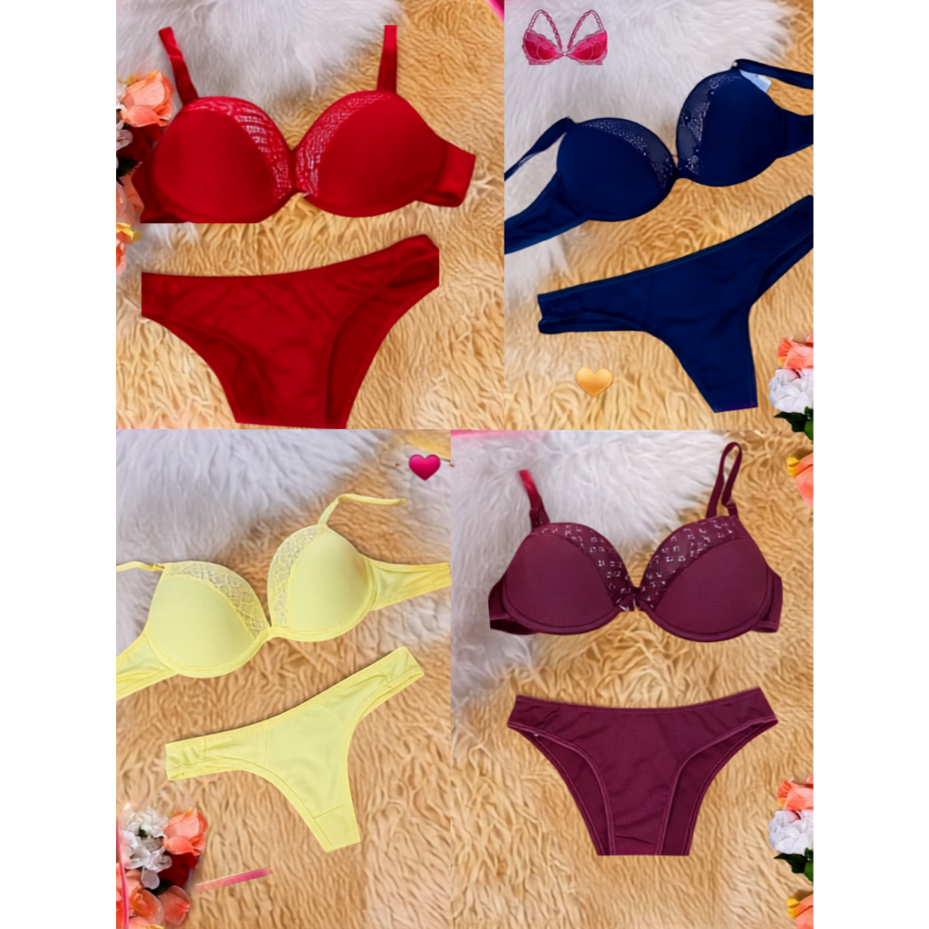Conjunto Calcinha e Sutiã Promoção lingerie Popular Brinde no Kit com 5 Detalhe em Renda bojo Moda feminino P M G GG .