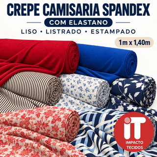 Tecido Crepe Camisaria Spandex com Elastano Liso Listrado Estampado 1m x 1,40m para Camisas Blusas e Vestidos