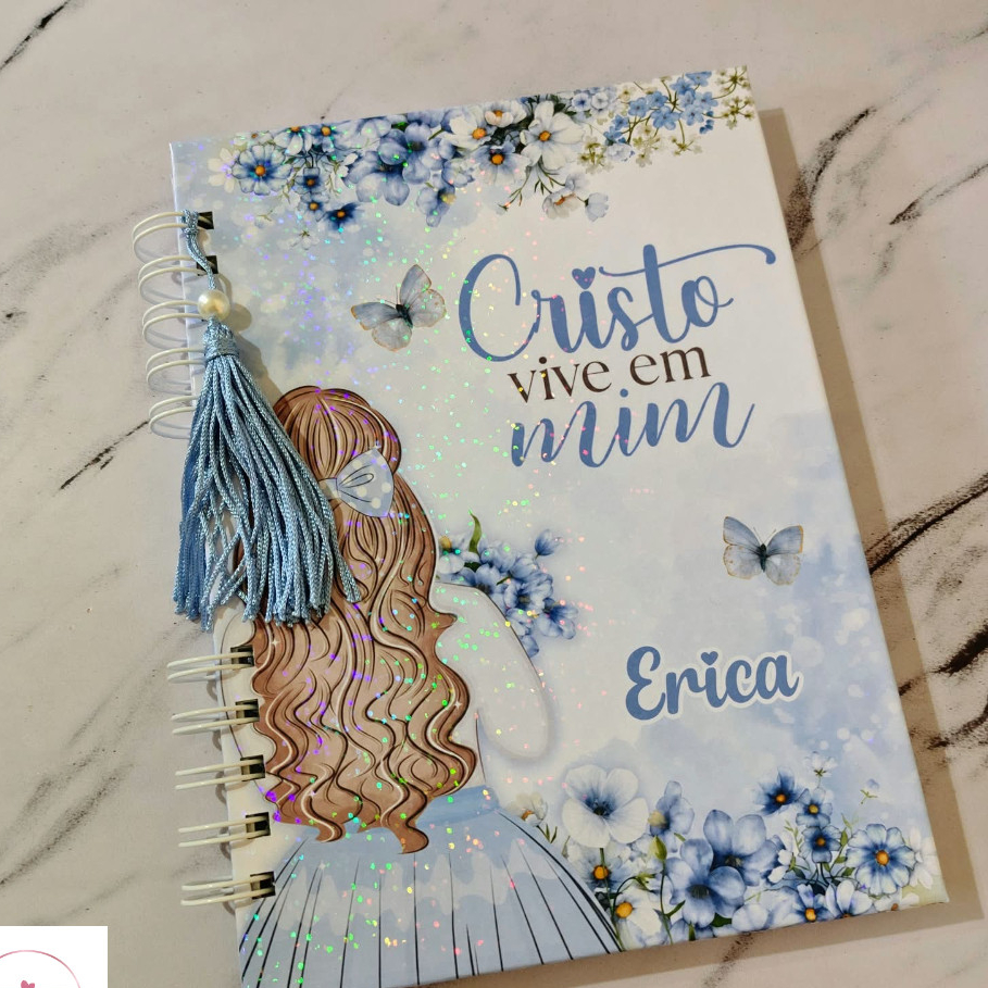 Caderno Cristão Personalizado Azul Capa Dura 100 Folhas Para Presente e Anotações Devocionais