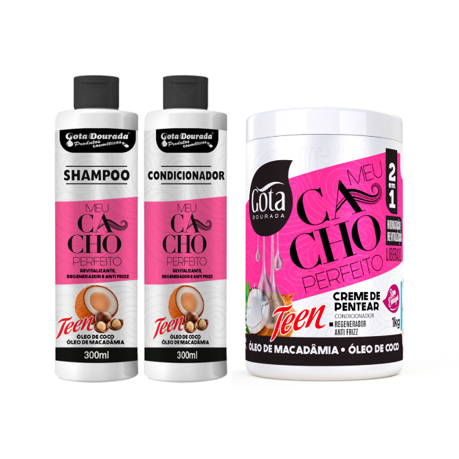 Kit Shampoo, Condicionador e Creme de Pentear Meu Cacho Perfeito Gota Dourada - Óleo de Coco e Macadâmia