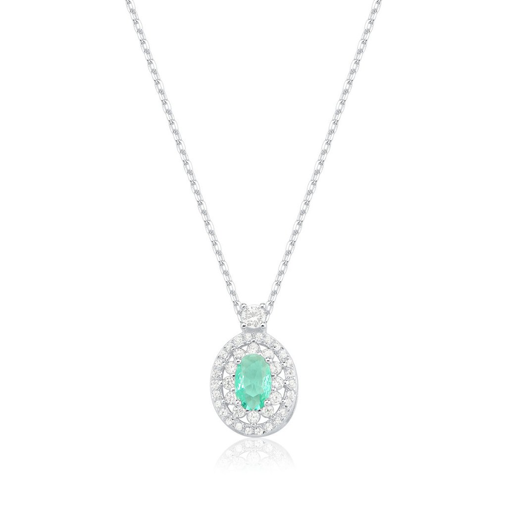 Colar Feminino de Prata 925 Oval Verde Água Cravejado e Ponto de Luz