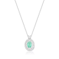 Colar Feminino de Prata 925 Oval Verde Água Cravejado e Ponto de Luz