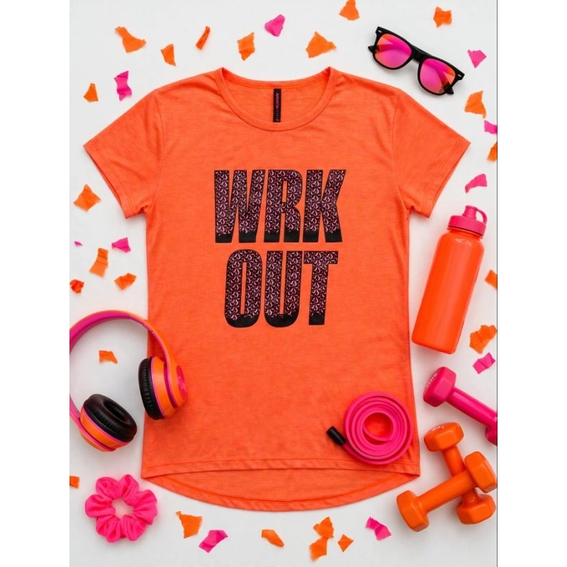 Camiseta Feminina Fitness Wrk Out Laranja Neon Academia Treino Dry Fit produto usado