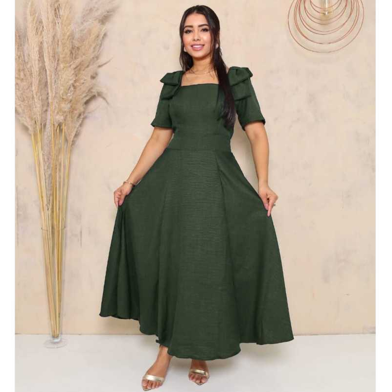 Vestido Mídi feminino Plus Size de M-G3 Com Manga Duna Linho Com Laço Na Ombro evangelica