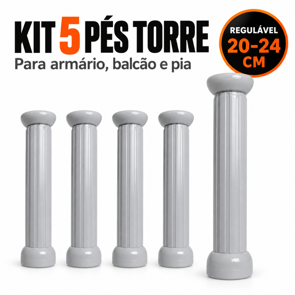 Kit 5 Pé Alto Armário Balcão Pia 20-24cm Cinza Regulável