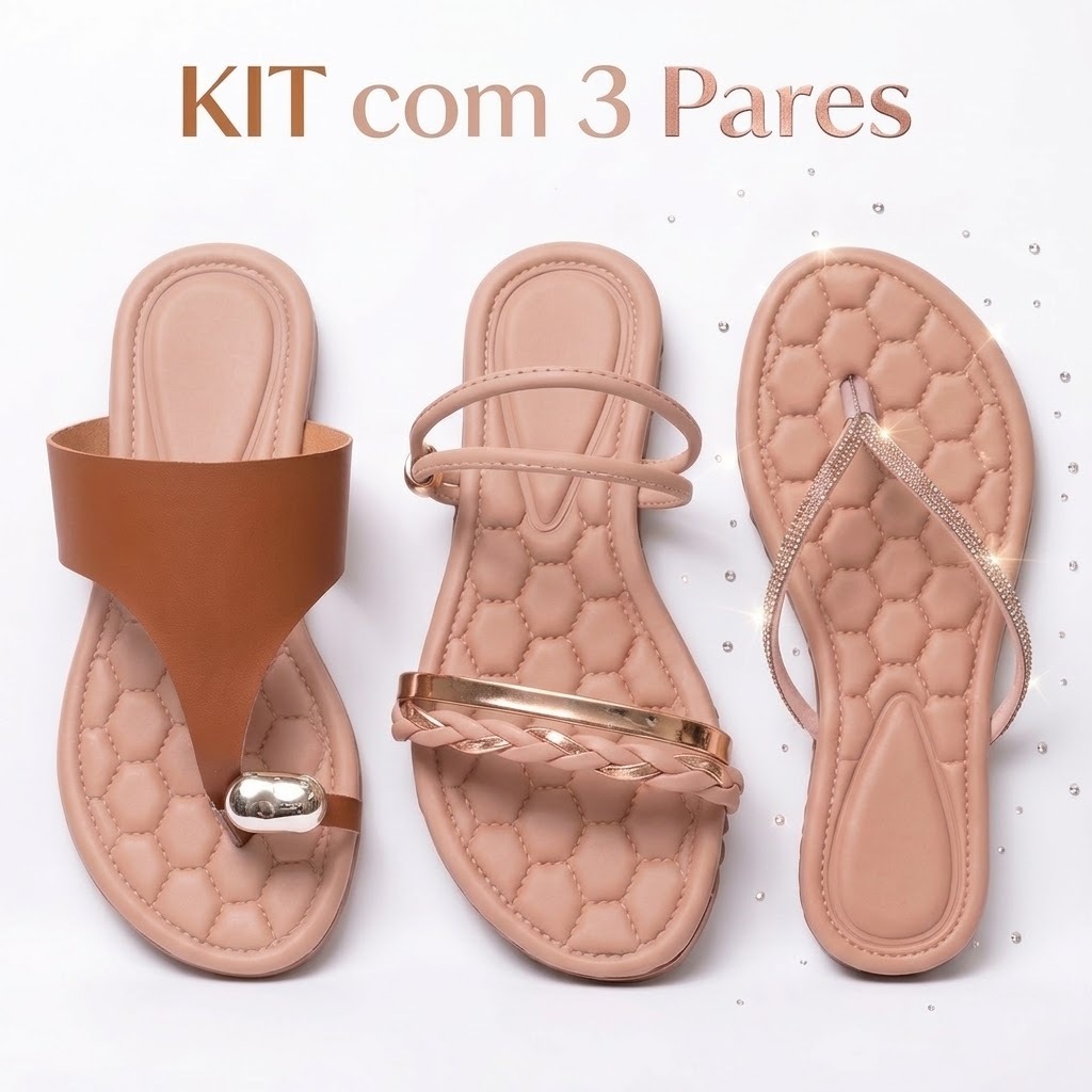 Kit 3 Pares Sandália Rasteirinha Feminina Conforto Brilho Strass Anel Trançada Kit Rasteirinha