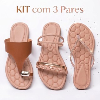 Kit 3 Pares Sandália Rasteirinha Feminina Conforto Brilho Strass Anel Trançada Kit Rasteirinha