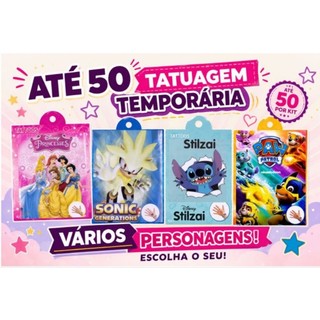 Kit Tatuagens Temporárias Infantil 4 Cartelas com 40 até 50  Tattoos Personagens