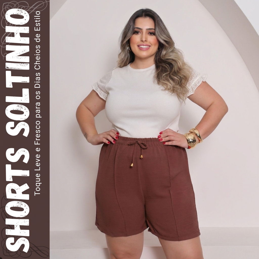 Shorts Feminino Plus Size Soltinho Duna Confortável Estiloso Cintura Alta G1 G2 G3