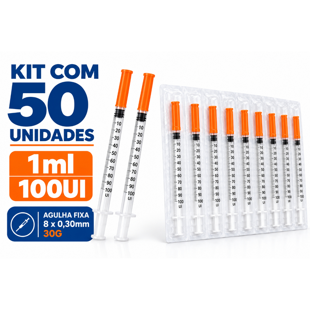 Kit C/50 Seringas de Insulina 1ml Agulha Fixa 8mm x 0,30mm 30g (100UI) - Venper
