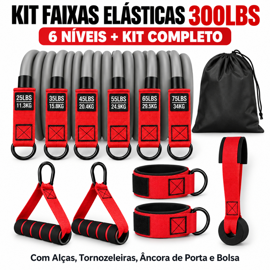 Kit Faixas Elásticas Resistência 300LBS 6 Níveis para Musculação Treino Funcional com Alças e Tornozeleiras