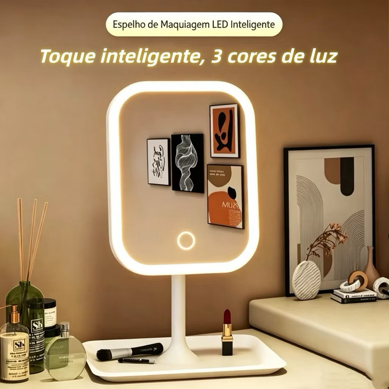 Espelho Para Maquiagem Mesa Inteligente Com Luz De Claro Led Portátil Dobrável Ajustável