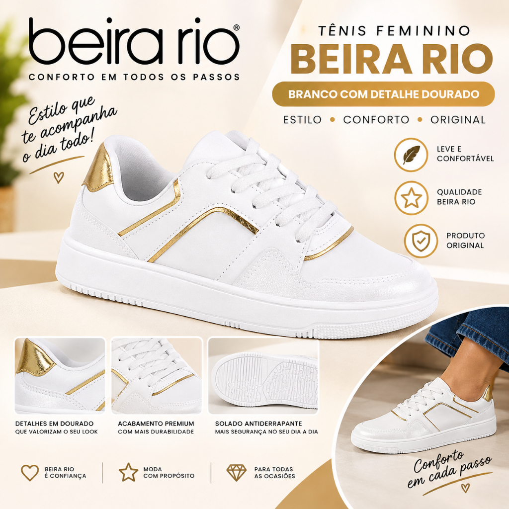 Tênis Feminino Branco Beira Rio Premium Detalhe Dourado Casual Confortável Original