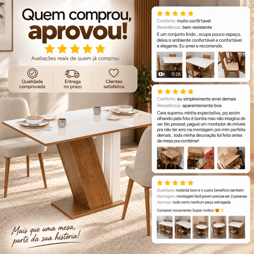 Conjunto Sala De Jantar Grande 4 Lugares Com Cadeiras Estofadas Reforçadas Mesa Completa Tampo Semelhante Vidro Emilly · foto 2