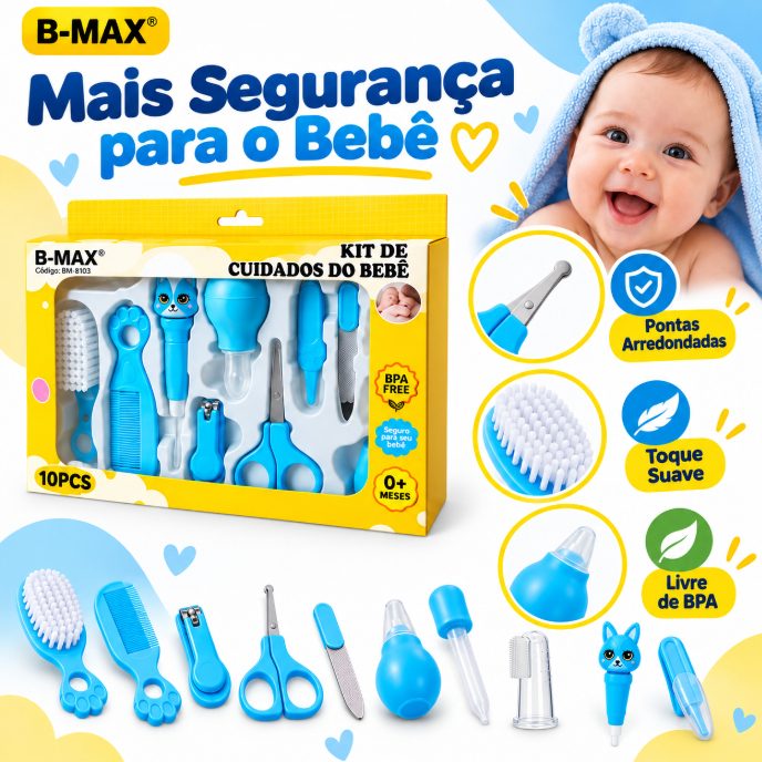 Kit Cuidados Bebê 10 Peças Completo | Higiene de Unhas, Cabelo e Nariz com Acessórios