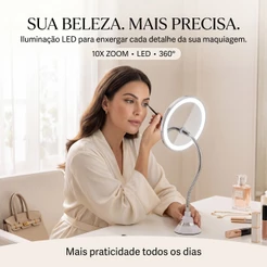 Espelho de Maquiagem - LED 10X com Luz Touch, Haste Flexível 360° e Ventosa