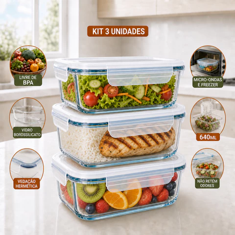 Conjunto Kit 3 Potes Vidro Hermético Mantimentosb 1040ml Marmita Fitness  4 Travas Forno microondas Airfryer Retangular