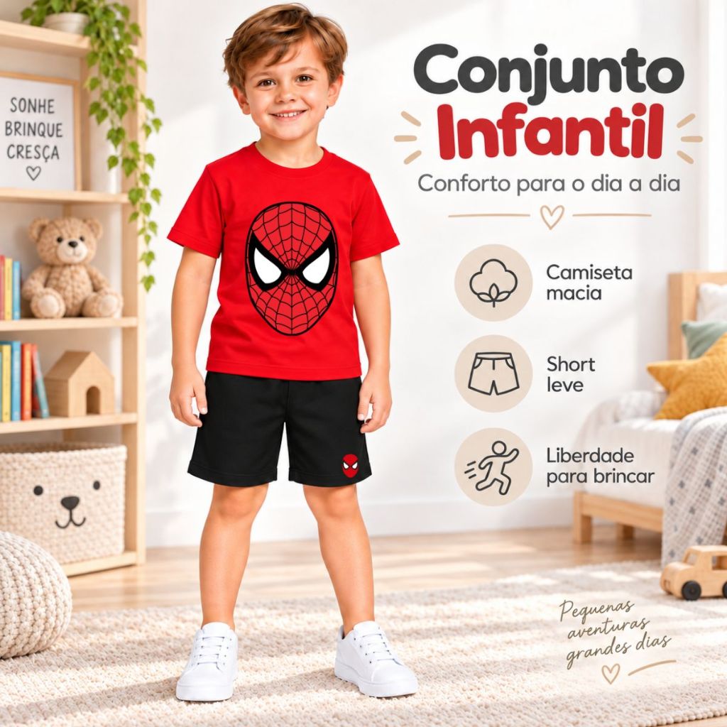 Conjunto Infantil Homem Aranha Menino Camiseta + Bermuda Roupa Infantil Verão
